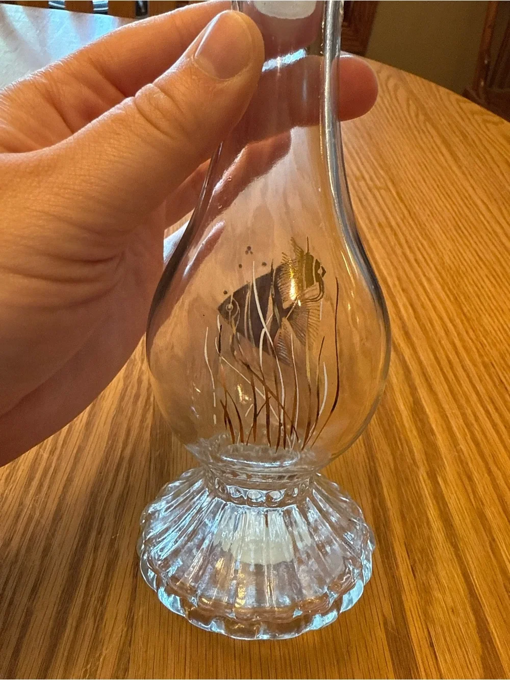 Vintage Clear Glass Avon Bottle/Bud Vase with Etched Fish Motif